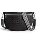 KALIDI Woven Crossbody Bags for Women Travel Vegan Leather Fanny Packs for Woman Cross Body Purse Fashion Belt Bum Bag with Wide Strap - color: Black