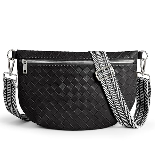 KALIDI Woven Crossbody Bags for Women Travel Vegan Leather Fanny Packs for Woman Cross Body Purse Fashion Belt Bum Bag with Wide Strap - color: Black