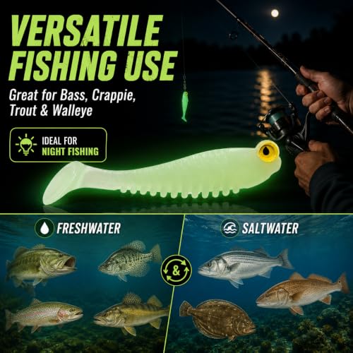 10Pcs Glow in The Dark Fishing Lures, Soft Plastic Swimbaits for Freshwater or Saltwater Use, Walleye Fishing Lures for Night Fishing Bass, Crappie, and Trout - color: Night light