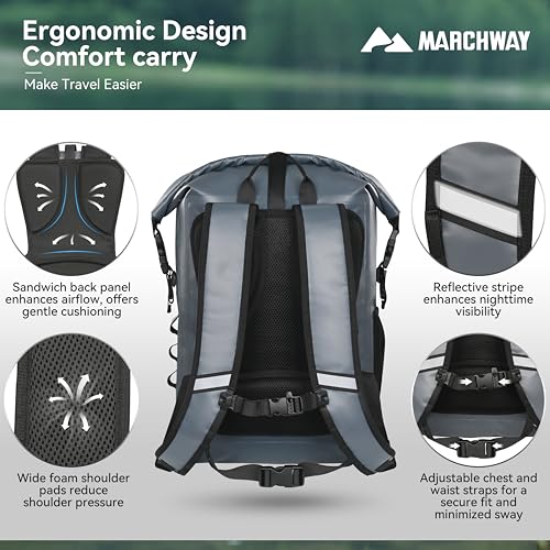 MARCHWAY Roll Top Waterproof Backpack, Floating Dry Bag 20L/30L/45L with Ergonomic Rectangular Base, Cushioned Back, Hip Strap for Hiking Camping Kayaking Travel (Grey, 20L) - color: Grey, size: 20L