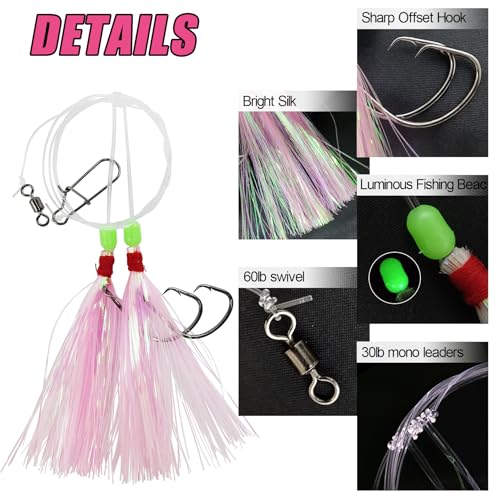 Eupheng Fluke Flounder Hi-Lo Rig, 3/0 5/0 5PCS Saltwater Fishing Bait Rigs with Mylar Teaser for Surf Ocean Fishing Sea Bass Halibut Rockfish Cod - size: Wide Gap Hook-#5/0-5PCS