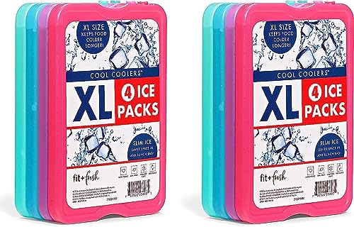 Cool Coolers by Fit & Fresh 4 Pack XL Slim Ice Packs, Quick Freeze Space Saving Reusable Ice Packs for Lunch Boxes or Coolers - color: Multi 8 PK