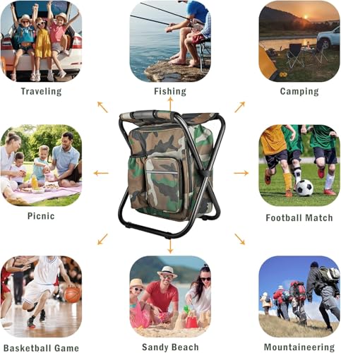 Kikerike Folding Stool Backpack Insulated Cooler Bag, Collapsible Camping Hunting Fishing Multifunction Chair with Front Pocket and Bottle Pocket for Outdoor Events, Hiking, Travel, Beach - color: Camouflage