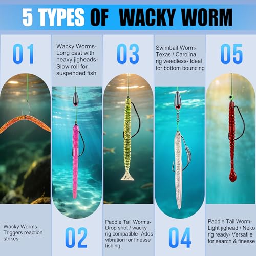 PLUSINNO Wacky Worm Fishing Lure Kit, Soft Plastic Fishing Lures, Grub Baits Hook Wacky Rig Bass Trout Fishing Worms Lures w/Tackle Box - color: 220PCS Wacky Worm Fishing Lure Kit