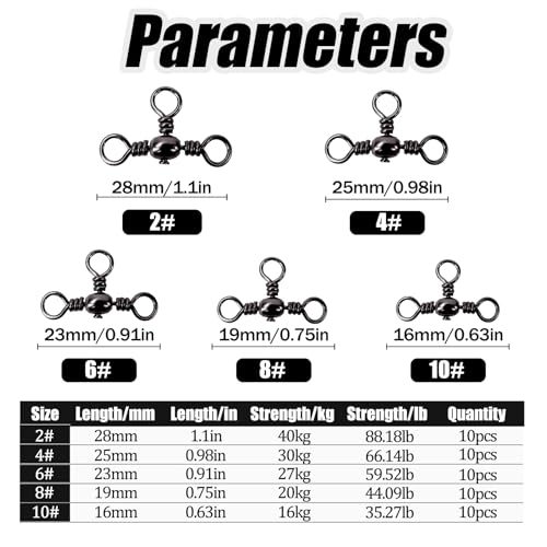 50pcs 3 Ways Ball Bearing Swivels FS/ZH-04 | Fishing Terminal Tackle Kit, Barrel Swivels Fishing Tackle Kit,for Crankbaits Sinker Weights, Connectors Saltwater - color: Black, size: 10#+8#+6#+4#+2#