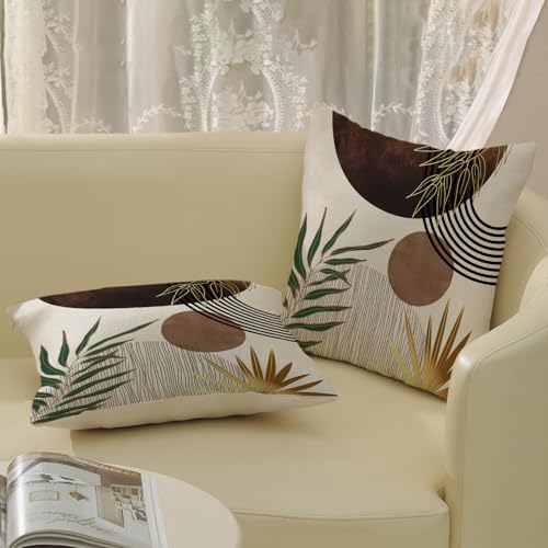 Brown Boho Pillow Covers 16x16 Inch 2 Pcs Tan Tropical Leaf Mid Century Summer Outdoor Decor Throw Pillows Modern Geometric Farmhouse Decoration Pillowcase Linen Cushion Cover for Couch Sofa - color: Brown Boho, size: 16" x 16" (Pack of 2)