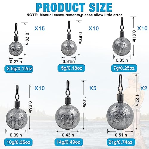 Drop Shot Weights Kit, 52pcs Round Fishing Weights Sinkers Bass Casting Drop Shot Sinkers Rig Cannonball Weights Assorted Set for Bass Fishing Freshwater Saltwater