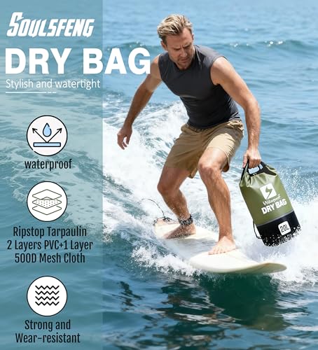Soulsfeng Waterproof Dry Bag Roll Top Lightweight Dry Backpack for Boating, Kayaking, Travel, Beach, Swimming, Hiking & Camping - Floating Dry Sack with Adjustable Shoulder Straps 20L - color: Green, size: 20L