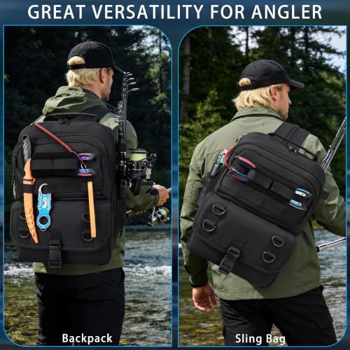 Fishing Backpack with Tackle Boxes,Fishing Sling Tackle Bag with Rod Holder Waterproof Fishing Bag with Fishing Gear, Fishing Gifts for Men Women Gear Combo Kit,Black - color: Black