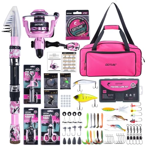 Goture Pink Fishing Rod and Reel Combo - ML Action Spinning Reel Pole with Pink Bag - Telescopic Rod Kit for Starter Travel Saltwater Freshwater, Gift for Woman - color: Pink Pole - Duffle Bag without Bottle Opener, size: 9FT/2.7M
