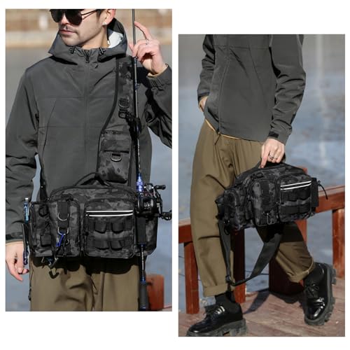 Fishing Tackle Storage Bag – Sling Waist Pack with Adjustable Widen Shoulder Straps, 12 Compartments for Fishing Gear, Lures, Hooks & Accessories Durable & Lightweight for Outdoor Anglers, Black
