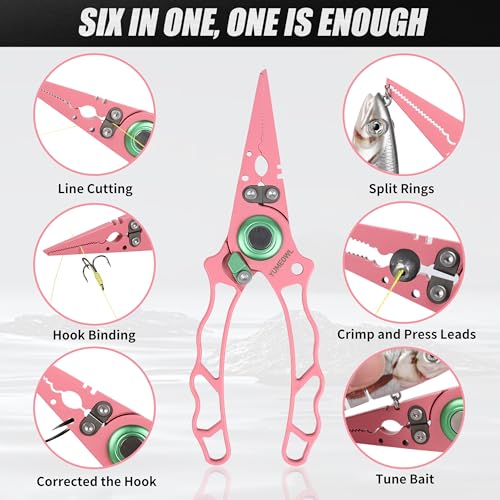 Fishing Pliers with Innovative Ergonomical Handle, Corrosion Saltwater Resistant,Fishing Multitool Hook Remover Braided Fishing Line Cutting, Split Ring with Coiled Lanyard and Sheath - color: Pink-6.6"