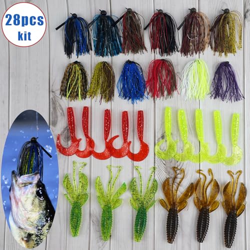 Bass Fishing Lures Kit Include Weedless Football Swim Jigs, Spinner Bait Skirts, Craw Soft Plastic Worms Grub Bait Set Fishing Lures for Bass Trout