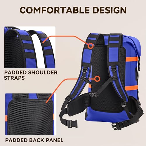 HEETA Dry Bags Waterproof Backpack 40L for Men & Women, Roll Top Heavy Duty Cushioned Hiking Backpack for Kayaking Boating Paddle Boarding Fishing Travel Camping Beach Vacation Cruise Ship Essentials - color: Blue
