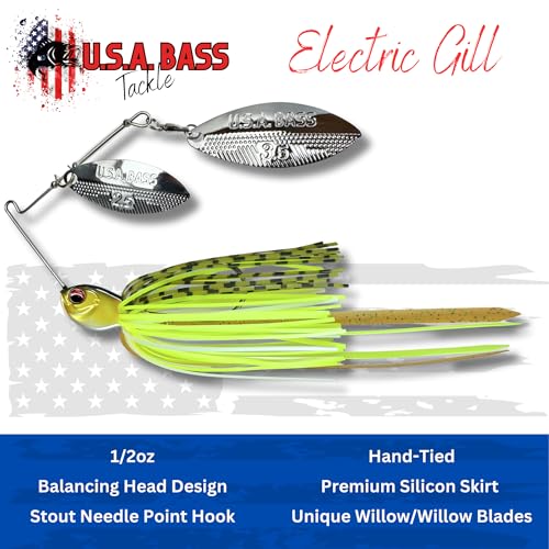 USA BASS Tackle Apache Attack Spinnerbait Type II Largemouth Smallmouth Spotted Bass Premium Fishing Bait Handtied Skirt Custom Blades Heavy Duty Hook New for 2025 - color: Electric Gill, size: 1/2oz - Willow/Willow