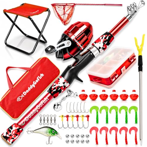 DaddyGoFish Kids Fishing Pole - Rod Reel Combo Tackle Box Starter Set - First Year Small Dock Gear Kit for Boys Girls Toddler Youth Age Beginner Little Children Junior Anglers - color: Red (Complete Set), size: 5ft
