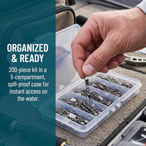 200PCS Barrel Snap Swivel Fishing Accessories, Premium Fishing Gear Equipment with Ball Bearing Swivels Snaps Connector for Quick Connect Fishing Lures