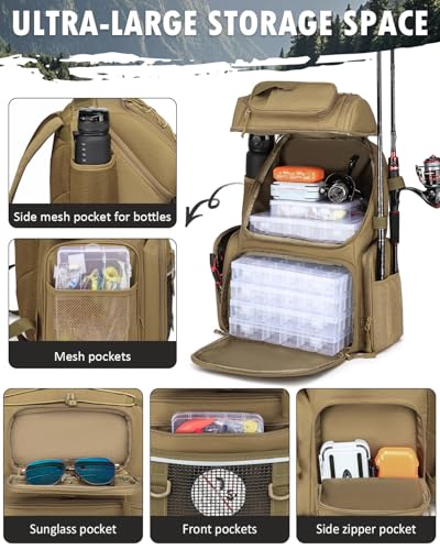 HAMBOLY Fishing Backpack with Tackle Boxes, 50L Fishing Tackle Bag with Cooler & Rod Holders, Waterproof Tackle Bag for Men - color: Brown