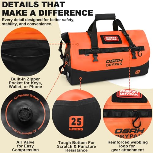 OSAH DRYPAK Waterproof Duffel Bag 25L/40L/60L – Heavy-Duty Motorcycle Tail Bag, Roll-Top Dry Bag for Travel, Camping, Boating, Kayaking, Outdoor Adventure - color: ORANGE, size: 25L