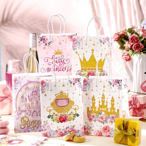 Kosiz 24 Pcs Princess Party Favors Bags Paper Little Princess Gift Goodie Bags with Handles Pink Floral Castle Crown Carriage Candy Treat Pouch for Girls Birthday Baby Shower Party Decoration Supplies - style: Princess