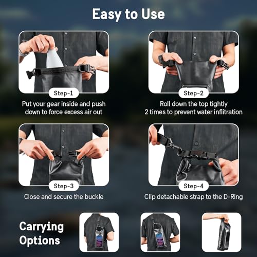 Pelican Marine IP68 Waterproof Dry Bag 2L with Phone Pouch/Case - Black | Roll Top Waterproof Backpack with Touchscreen Phone Pouch - Swimming, Kayaking, Camping, Rafting, Fishing & Travel Essentials - color: Stealth Black - 2L, size: 2L