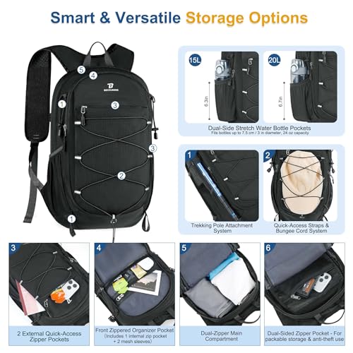 BECOJADDE Hiking Backpack 20L Small Backpack Packable Day pack Water Resistant Lightweight Travel Backpack for Women Men with Shoulder Strap Pockets for Hiking Camping Outdoor, Black - color: Black, size: 20L