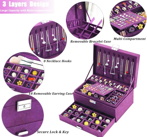 QBestry 3-Layer Jewelry Box for Women with Lock and Key & Drawer, Large Jewelry Organizer with 8 Necklace Hooks & 56 Earring Holes, Purple Velvet Jewelry Storage Box for Necklace Earring Ring Bracelet - color: Purple