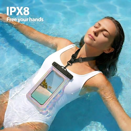Floatable Waterproof Phone Pouch Case for iPhone 17 16 Pro Max/15/14, IP68 Travel Cellphone Dry Bag Beach Cruise Ship Essentials Bags with Crossbody Lanyard, Iridescent Purple with Word - 7″ - color: A6-Iridescent Purple with character