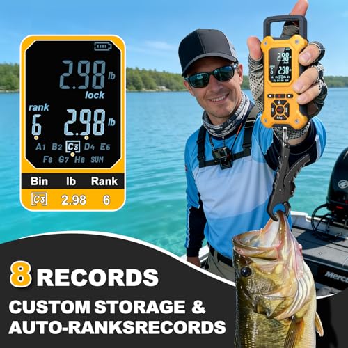 SNAIL TRAIL 8 Storage Bins 50 lbs Digital Fish Weighing Scale & 4.6'' Lip Gripper, Bass Fishing Tournament Culling, Hand Held Travel Items, Electronic Hanging Weight Machine for Luggage, Suitcase, Bag - color: Yellow (Black Gripper)