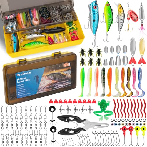 WITOROR Fishing Lures, Tackle Box with Tackle Included, Crankbaits, Soft Plastic Baits, Hooks, Weights & Fishing Accessories, Freshwater Fishing Gear Kit for Bass, Trout, Walleye & Beginners - size: 144pcs Basic Kit