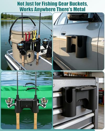 Fishing Rod Holder Fits for YETI Gear Bucket with Magnetic & Fixed Mount | Heavy-Duty Support Bracket with Magnet for Metal Surface, No-Drill Removable Storage Solution, Prevent Corrosion