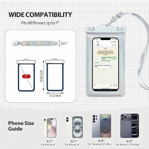 Floatable Waterproof Phone Pouch Case for iPhone 17 16 Pro Max/15/14, IP68 Travel Cellphone Dry Bag Beach Cruise Ship Essentials Bags with Crossbody Lanyard, Pearlescent - 7″ - color: A8-Pearlescent