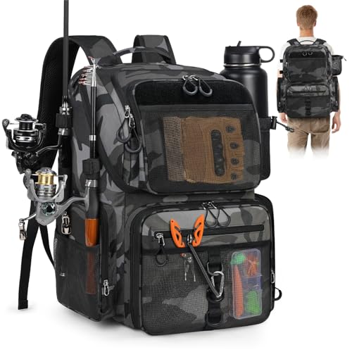 RAINSMORE 45L Fishing Backpack with Rod Holders & Rain Cover Large 900D Water-resistant Fishing Tackle Bag Store Fishing Gear - color: Black Gray Camouflage