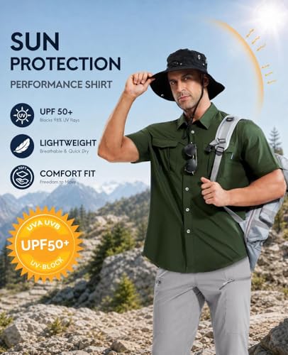Haimont Men's UPF 50+ Short Sleeve Hiking Button Down Shirt | Quick-Dry Stretch, Mesh Back Vents, Rod Holder & Sunglasses Loops, Outdoor & Travel - color: Army Green, size: XX-Large