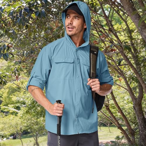 Mens Sun Protection Hiking Fishing Safari Shirts with Hood Long Sleeve Outdoor Quick Dry Shirts Hoodie - color: 5105 Blue, size: X-Large