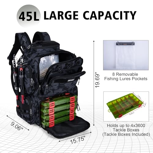Goture Fishing Backpack with 4 Tackle Boxes,900D Water-Resistant Tackle Backpack with Rod Holders,SBS Zippers,45L Large Tackle Storage Gear Bag with Rain Cover,Bottle Holder for Travel Camping Hiking - color: A1:60# Camo, size: Include 4 Tackle Boxes