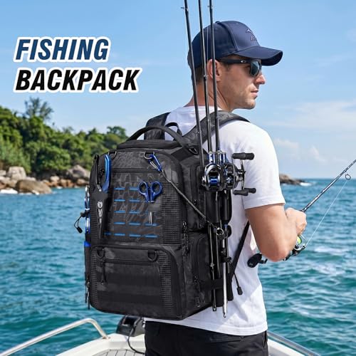 Fishing Tactical Backpack with 2 Rod Holders, Waterproof Tackle Bag with Bottle Holder,50L Extra Large Fishing Bag for Fishing Gear and Equipment, Black Camo - color: Black Camo