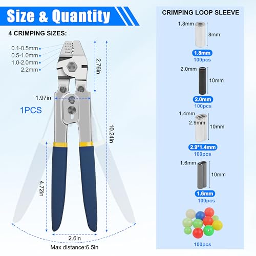 Fishing Crimping Tool Kit Fishing Crimping Pliers Stainless Steel Wire Crimping Tool with 500pcs Crimp Sleeves Set, 4 Size Crimp Sleeves Fishing Tackle Pliers - color: Stainless Steel Crimping Pliers