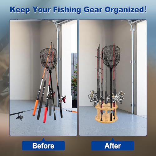 Fishing Rod Holders for Garage 360 Degree Rotating Fishing Pole Rack, Floor Stand Holds up to 12 Rods Bamboo Wood Fishing Gear Equipment Storage Organizer, Fishing Gifts for Men