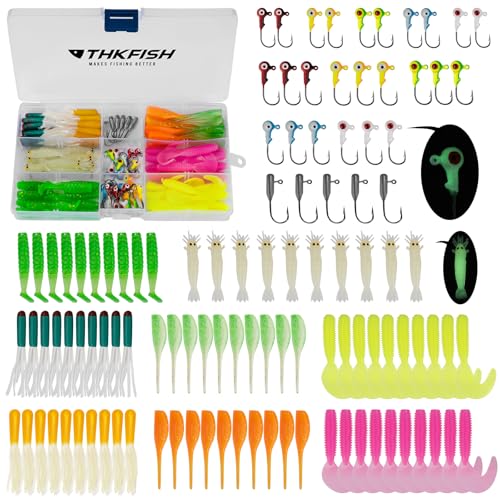 THKFISH Crappie Lures Jigs Heads Kit, 95pcs Soft Plastic Baits Fishing Lures and Tube Jigs Heads for Trout Panfish & Bass Fishing