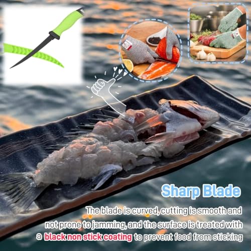 2PCS Fillet Knife Set, 5 & 7 inch Stainless Steel Kitchen Filet Knife for Fish, Fishing Gear, Fishing Tool Set, Fishing Accessories Gift, with Sharpener and Cutting Resistant Gloves, Green - color: 2PCS-Green