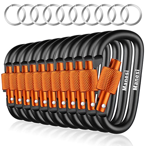 10 Pack 3Inch Aluminum D Ring Key Rings Hiking Clips Locking Carabiner for Hiking Camping Fishing and Outdoor Use，Clips with Screw Gate Multicolored - color: Black orange
