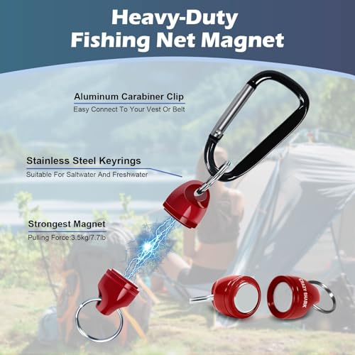 Magnetic Net Release for Fly Fishing, Aluminum Magnetic Quick Release Keychain, Fly Fishing Net Magnet Holder Retractor with Carabiner - color: red