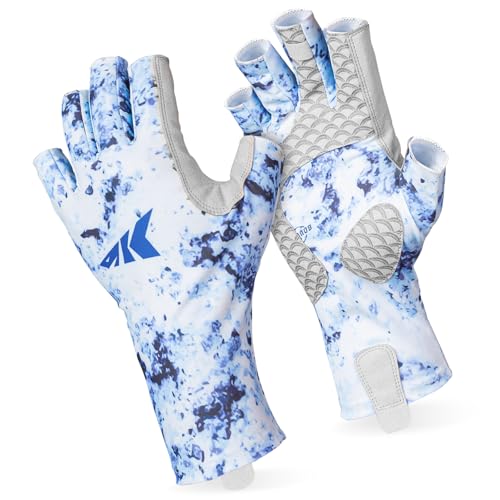 KastKing La Sal Fishing Gloves UPF50+ Sun Gloves UV Protection Fingerless Gloves Men Women for Outdoor, Kayaking, Rowing, Paddling, Canoeing, Hunting - color: D: Boulder Camo Bay, size: Large-X-Large