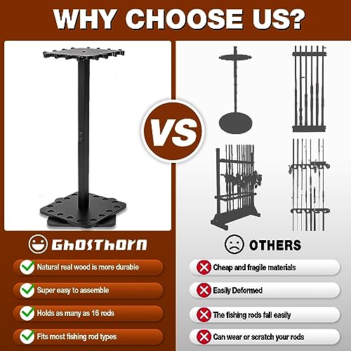 Ghosthorn Fishing Rod Holders for Garage 360 Degree Rotating Fishing Pole Rack, Floor Stand Holds up to 16 Rods Wood Fishing Gear Equipment Storage Organizer, Fishing Gifts for Men Women - style: black
