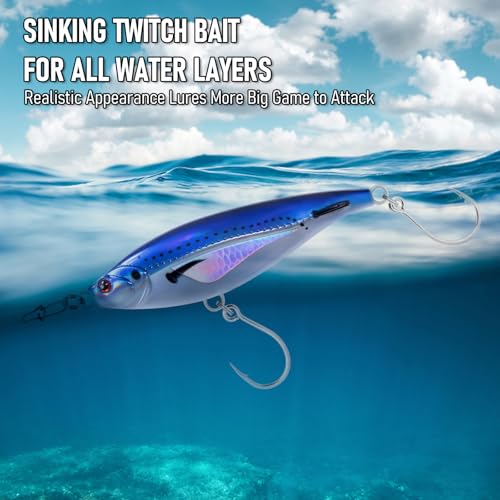 Alwonder High Speed Trolling Lures Saltwater Fishing Lures 6"/3oz Sinking Twitch Bait 7/0 Hook Deep Diving Jerkbait Fishing Plug Offshore Lure for Tuna Striper Mackerel - color: Green Mackere