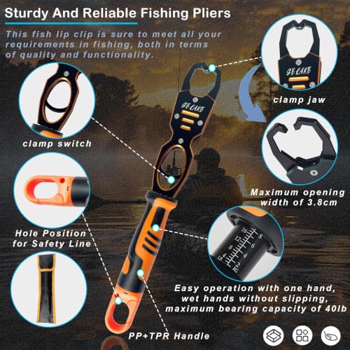 Selake 7 PCS Complete Fishing Tools Set, Fish Lip Gripper with Scale, Fishing Pliers, Hook Remover, Line Cutter & Scissors, Corrosion Resistant for Saltwater Freshwater Kayak Ice Fishing - color: Orange