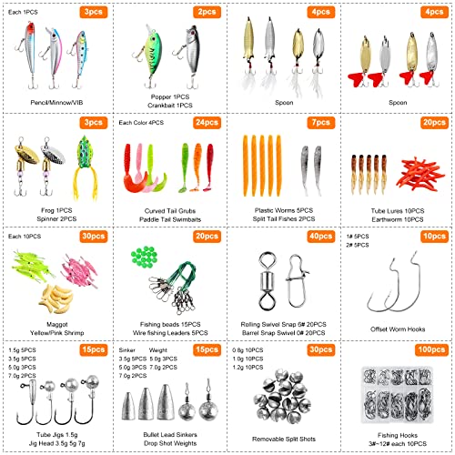 TCMBY 327PCS Fishing Lures Tackle Bait Kit Set, Tackle Box with Tackle Included, Crankbaits, Worms, Spinner, Weights, Hooks & Other Accessories for Freshwater Bass Trout Fishing Gear Gifts for Men