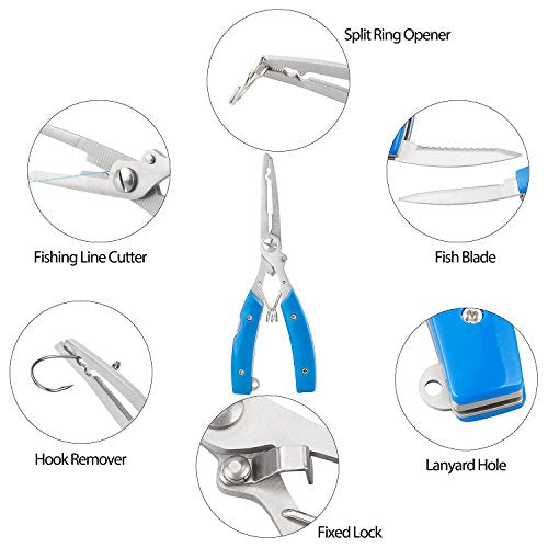BASUNE Fishing Pliers and Fish Hook Remover with Line Cutter, Curved Nose Hook Remover Tackle Tool with Nylon Sheath and Fishing Gear Set (Blue)