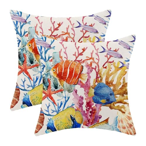 Coastal Pillow Covers 16 x 16 Set of 2, Ocean Colorful Coral Fish Outdoor Decorative Throw Pillows Farmhouse Linen Summer Beach Cushion Case for Home Couch Sofa Decor - color: Fish1, size: 16" x 16" (Pack of 1)